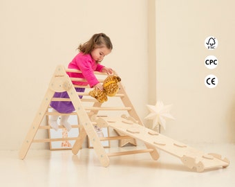 Montessori Climber Baby Gift Set of 2 items: Climbing Triangle and Wooden Slide with Rock Climbing Side, Toddler Size Indoor Playground