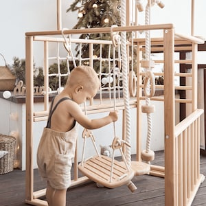 55х42″ Up to 4 Years Scandinavian Wooden Climbing Complex: Swedish Ladder, Climbing Rope, Monkey Bars, Gymnastic rings, Kids Swing, Play Mat