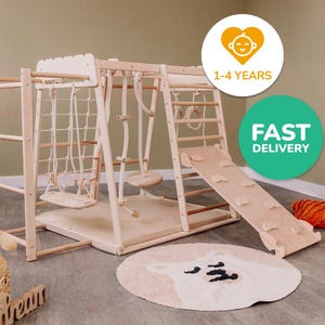 55х42″ Wooden Scandinavian Gymnastic Complex  with Two-sided Mat, Indoor Playground for up to 4yo  Kids, Home Play Gym for Children