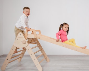 Triángulo de escalada interior con tobogán, muebles Montessori, juego de escalada 2 en 1 para niños pequeños, gimnasio de madera para bebés, parque infantil interior