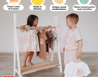 Clothing Rack with Wooden Hangers, Montessori Wardrobe, Montessori Kids Shoe Rack, Wooden Kids Clothes Rack, Nursery Dress up Rack Kids