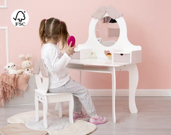 Baby Girl White Angel 2in1 Set of Makeup Vanity with Mirror and Wood Stool, Montessori Furniture Baby Gift Vanity Table and Toddler Chair