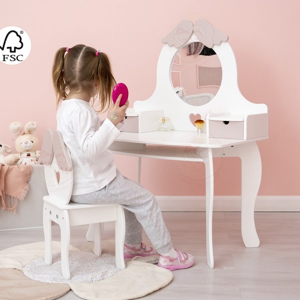 Baby Girl White Angel 2in1 Set of Makeup Vanity with Mirror and Wood Stool, Montessori Furniture Baby Gift Vanity Table and Toddler Chair