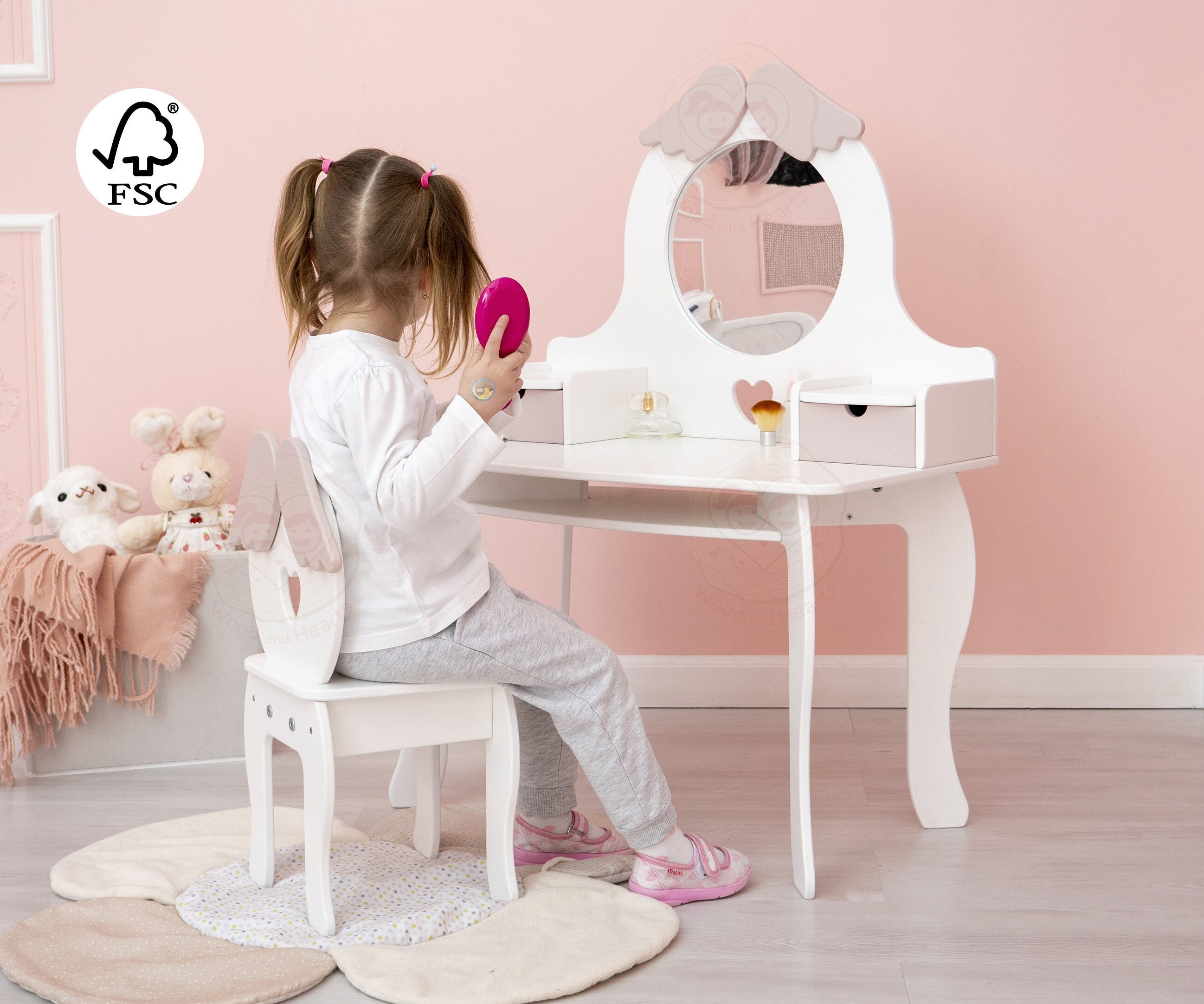 Runesol Kids Dressing Table With Stool and Mirror for 3 7 Years White  Wooden Makeup Vanity Table With 3 Drawers, Christmas Girl Gifts 