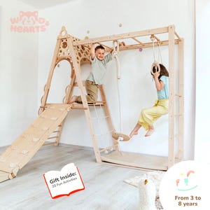 78x90" Montessori-inspired Wooden Teepee Indoor Playground for Kids, Toddler Tower with Slide, Rope Accessories & Play Mats, Kid's Home Gym