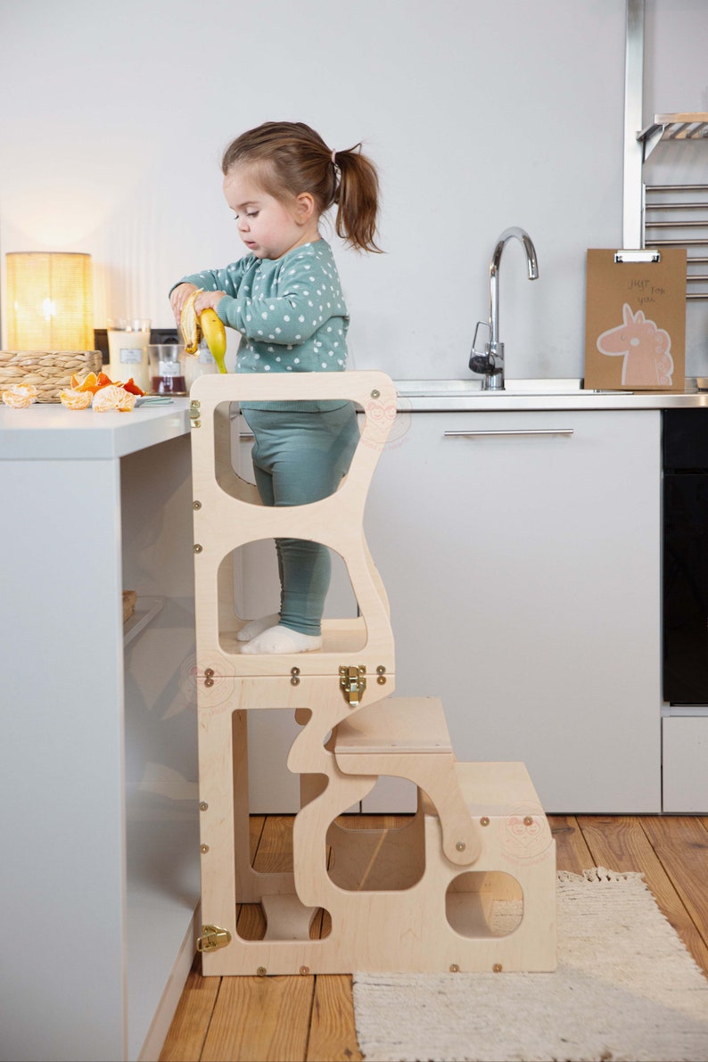 Multifuctional Kitchen Tower by Woodandhearts, Learning Kitchen Stool, Toddler Kitchen Step Stool, Montessori Kids Helper image 3