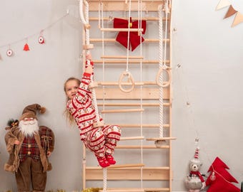 Swedish Ladder for Kids, 5-in-1 Indoor Wall Gym with Rings & Ropes, Adjustable Pull-Up Bar, Wooden Montessori Climbing Frame, 75 Inch Height