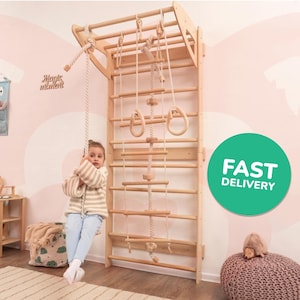 Swedish ladder kids with rope accessories, Climbing wall for kids, Playroom furniture, Birthday Gift, Pull Up Bar Gym Playground