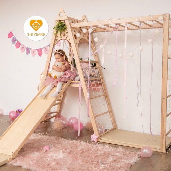 78x90" Wooden Teepee Indoor Playground for Girls, Kids Tower with Slide, Rope Accessories & Play Mats, Montessori Climber, Home Play Gym