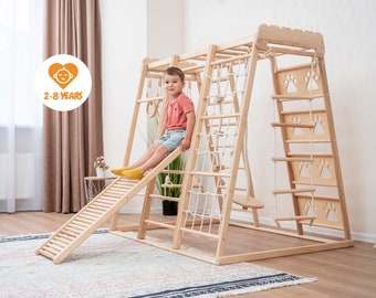 60х57″ Up to 8 Years Kitty Montessori Play Gym with Rope Accessories, Toddler Climber Ladder, Baby Swing and Waldorf Massager Ramp