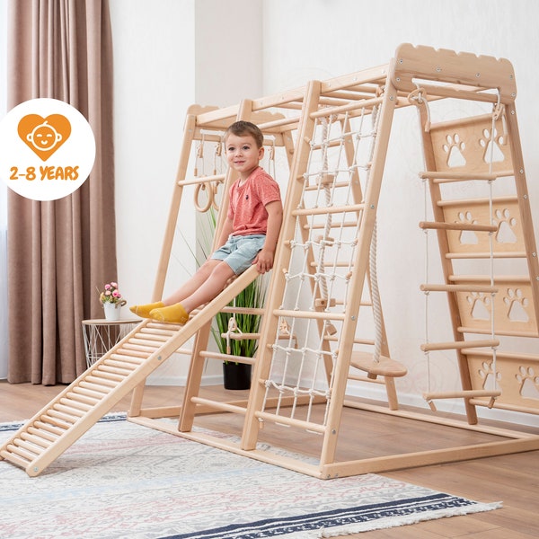 Gimnasio de juegos Kitty Montessori de 60 x 57 pulgadas hasta 8 años con accesorios de cuerda, escalera trepadora para niños pequeños, columpio para bebés y rampa masajeadora Waldorf