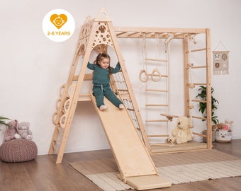 78x90" Montessori-inspired Wooden Teepee Indoor Playground for Kids, Toddler Tower with Slide, Rope Accessories & Play Mats, Kid's Home Gym