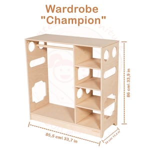 Open wooden Wardrobe for Kids by Woodandhearts, Montessori wardrobe, Wooden organizer Champion