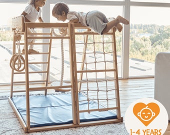41х42″ Up to 4 Years Jungle Gym, Woodandhearts Scandinavian Play Set: Rope Wall Net, Monkey Bars, Gymnastic rings, Kids Swing, Play Mat