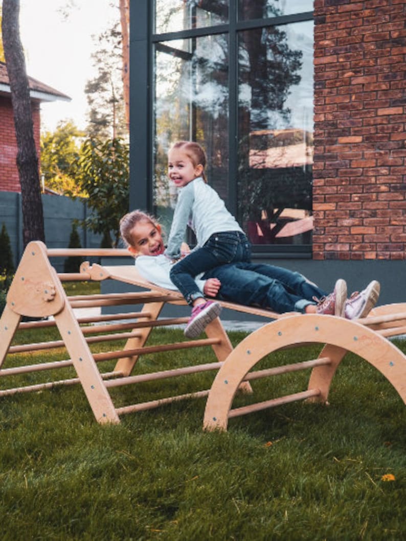 Set of three Climbing RampArchFoldable Triangle Indoor playground WoodandHearts Triangle with ramp Montessori toddler Climbing furniture image 3