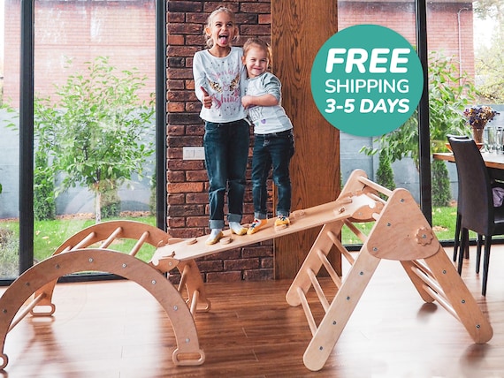 Pikle Tiangle Set With Cushion, 8-in-1 Toddle Climbing Toys Indoor Wooden Montessori Climbing Set With Arch Rampladder Tent Cloth Baby Indoor Climber Jungle Gyms For Toddlers Toy Cmmy1030