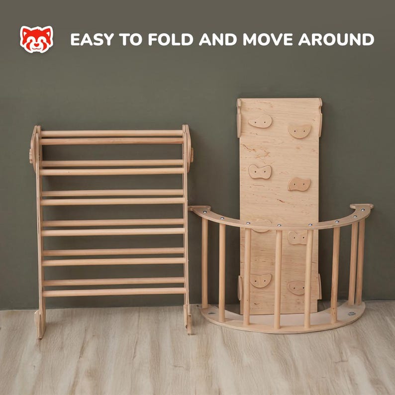 May include: Two children are playing on a wooden climbing structure. The structure includes a triangular climbing frame with a ladder and a curved climbing arch. The structure is made of natural wood and has a light brown color. The children are smiling and appear to be having fun. The structure is labeled with the FSC logo, indicating that it is made from sustainably sourced wood.