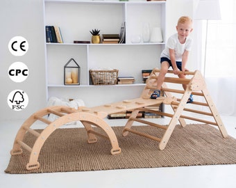 Ensemble de trois articles Montessori Arche d'escalade Rampe pour tout-petits Triangle pliable Jouets pour bébés Meubles en bois Salle de sport d'escalade Aire de jeux intérieure