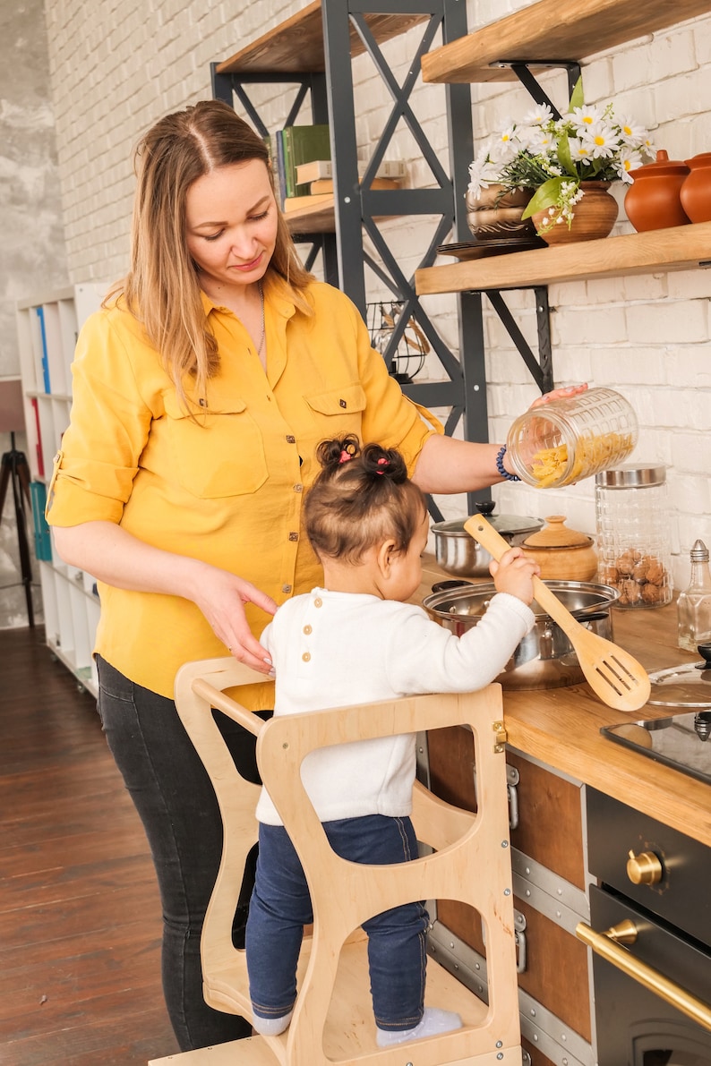 Step stool with back Montessori tower Children table Learning chair Activity tower Kitchen tower Learning stool Wooden step stool image 8