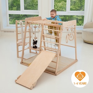 55х42″ Up to 4 Years Toddler Climbing Gym Scandinavian Play Complex: Swedish Ladder, Baby Swing, Wooden Slide, Play Mat, Indoor Playground