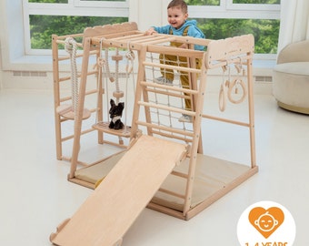 55х42″ Up to 4 Years Toddler Climbing Gym Scandinavian Play Complex: Swedish Ladder, Baby Swing, Wooden Slide, Play Mat, Indoor Playground