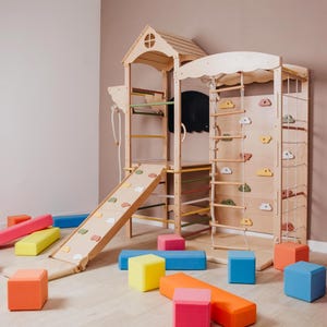 Montessori Wooden Indoor Playground with Rock Wall, Chalkboard, Play Mat, Standard Tower Playset for Ages 3–8 (82x88 Inch)