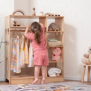 Montessori Wooden Wardrobe for Kids by Woodandhearts, Children&#39;s clothing rack with shelves, Wooden Organizer