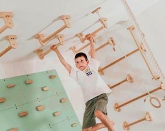 Wooden Monkey Bars Kit (Set of 6 or 12, Short, Long or Mixed) for Playroom Gym - Indoor Climbing System for Kids