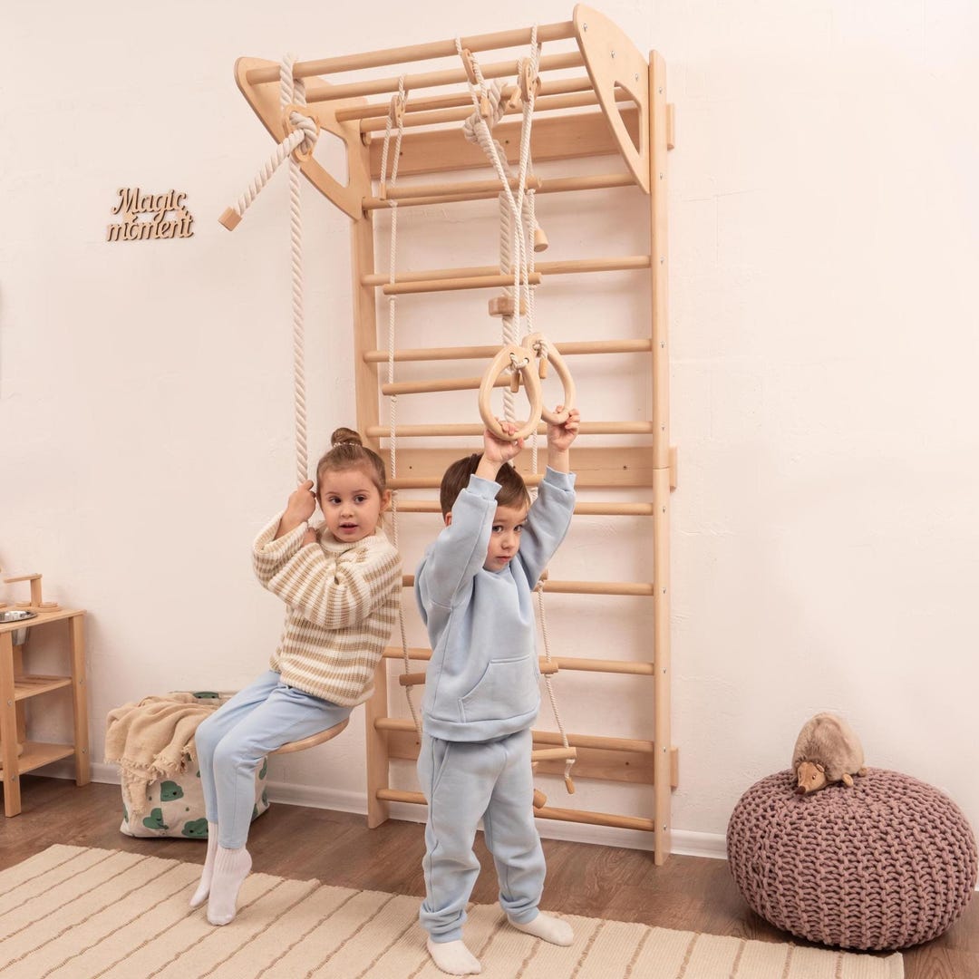 Swedish Ladder for Kids, 5-in-1 Indoor Wall Gym, Kids Wall Gym With ...