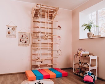 Swedish Ladder for Kids with Soft Play Blocks, Montessori Indoor Climbing Set, Wooden Wall-Mounted Gym for Toddlers and Kids, Climbing Toys