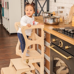 Step stool with back Montessori tower Children table Learning chair Activity tower Kitchen tower Learning stool Wooden step stool image 2