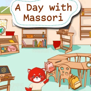 Puede incluir: Un personaje de panda rojo llamado Massori está de pie en un aula con una mesa redonda, escritorios y estanterías. El texto "A Day with Massori" está en un bocadillo de diálogo sobre el personaje. El texto "a Search-and-Find Book from WoodandHearts" está en la parte inferior de la imagen.
