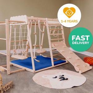 55х42″ Up to 4 Years Wooden Gym, Scandinavian Play Complex: Rocking Ramp, Climbing Rope, Monkey Bars, Gymnastic rings, Kids Swing, Play Mat