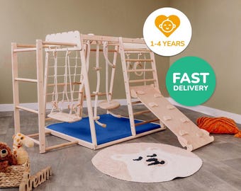 55х42″ Up to 4 Years Wooden Gym, Scandinavian Play Complex: Rocking Ramp, Climbing Rope, Monkey Bars, Gymnastic rings, Kids Swing, Play Mat
