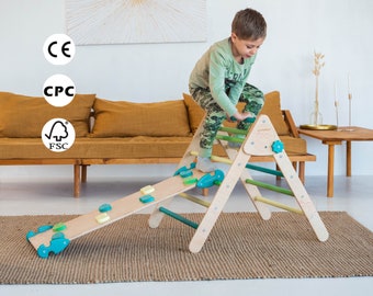 Toddler climbing set 2in1: Foldable triangle & Rocking ramp, Сlimbing frame, Baby gym, Wooden educational furniture