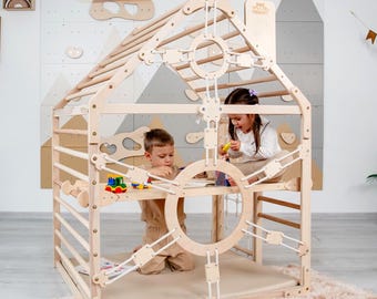 56x43" Up to 6 Nursery Mobile Toddler Climbing Gym with Rock Climbing Ramp & Optional Waldorf Rope Accessories or Soft Playmat