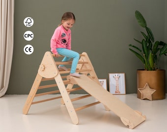 Toddler Climber 2in1 Indoor Playground Set: Waldorf Climbing triangle and Climbing Board with Toddler Slide Side, Baby Montessori Furniture