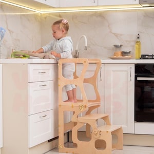 Multifuctional Learning Kitchen Stool Truck-Shaped, 2in1 Toddler Step Stool and Montessori Desk, Baby Gift Waldorf Kitchen tower