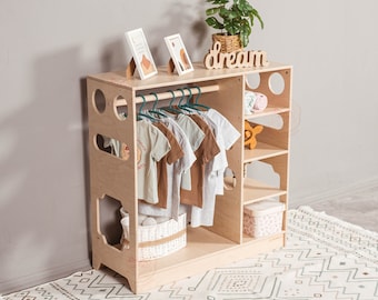 Open wooden Wardrobe for Kids by Woodandhearts, Montessori wardrobe, Wooden organizer
