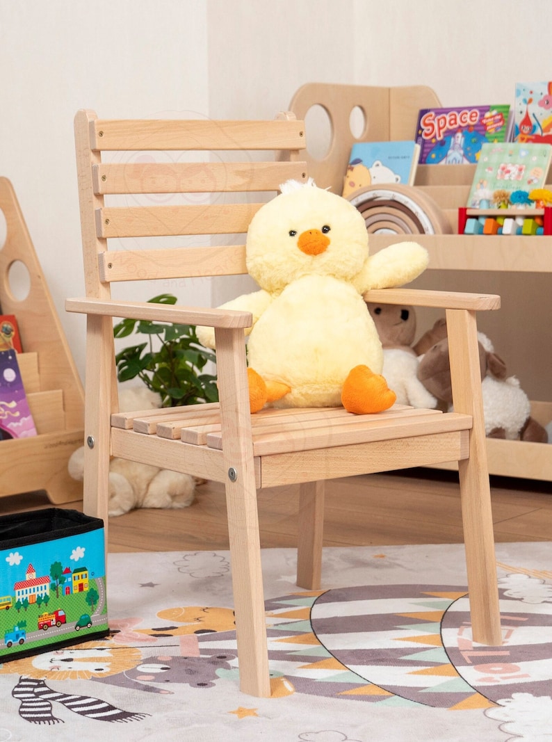 Waldorf Solid Wood Kids Chair with Backrest, Montessori Toddler Hocker Nursery Decor, Handmade Furniture Lounge Wood Stool Child Gift zdjęcie 3