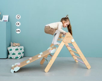 Baby Mobile Home Gym 2in1 Set: Climbing Triangle and Toddler Busy Board with Stepping Stones&Wooden Slide Sides, Waldorf Kletterdreieck