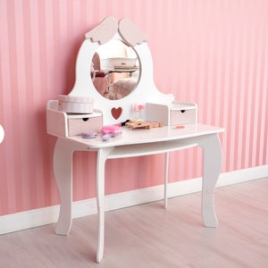 Nursery Decor Girls Vanity Table, White Angel Waldorf Makeup Vanity with Round Mirror and Makeup Organizer, Montessori Furniture for Kids