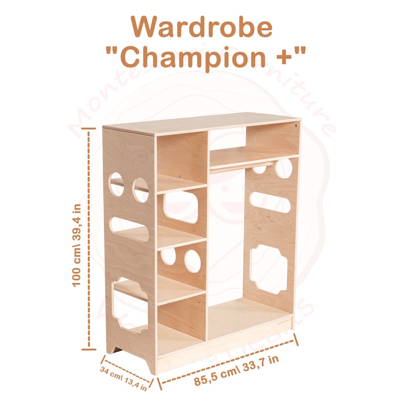 Open wooden Wardrobe for Kids by Woodandhearts, Montessori wardrobe, Wooden organizer Champion +