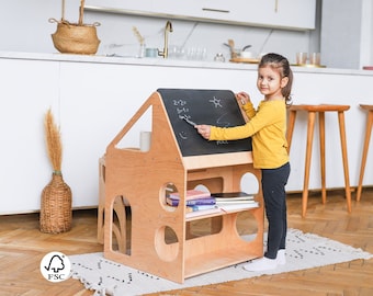 Montessori Möbel Verstellbarer Schreibtisch mit Kreidetafel und 2 Kinderzimmerregalen, Baby-Geschenk-Schreibtischhalter, Waldorf Busy Board & Kids Bücherregal