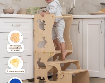 Montessori step-stool, Wooden learning chair, Waldorf kitchen tower, Transformable baby gym, Kids activity table