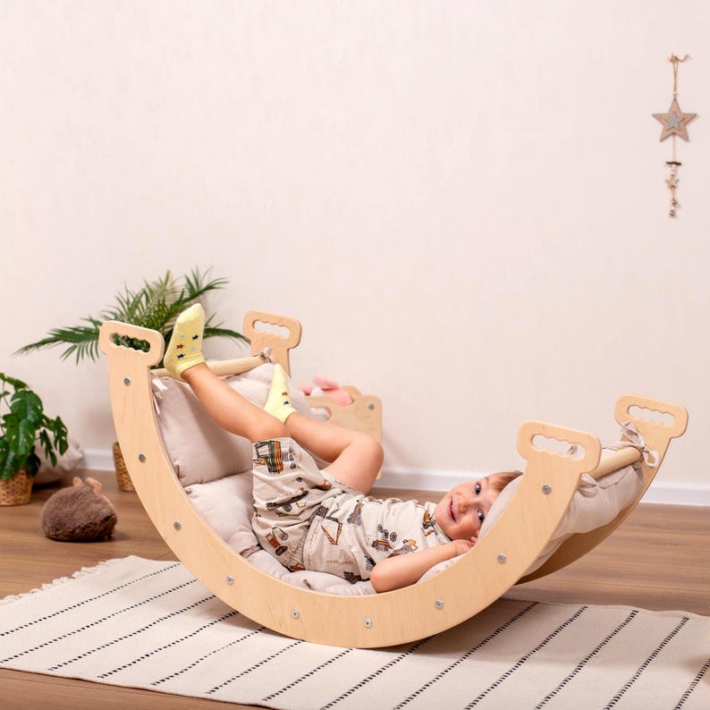 Montessori Wood Climbing Set, Toddler Furniture, Arch, Triangle, Slide, Indoor Play Gym ADD Pillow