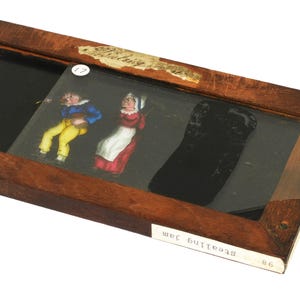 Victorian Mechanical Magic Lantern Slide, Antique Glass Projection Slip Slide, Man Stealing Jam, Humorous, Wood Frame, Circa 1880