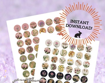 DIGITAL DOWNLOAD - 1&quot; / 25mm Vintage Botanical Circles for Jewelry Pendants, Scrapbooking, Crafts