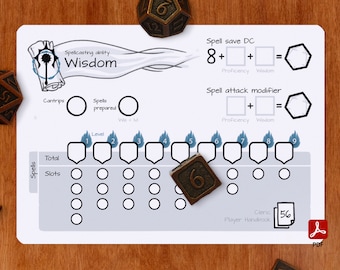 Könnte beinhalten: Ein druckbares Charakterblatt für ein Dungeons and Dragons Spiel. Das Blatt ist für einen Charakter mit der Zauberfähigkeit Weisheit ausgelegt. Das Blatt enthält Felder zum Verfolgen von Cantrips, vorbereiteten Zaubern, Zauberplätzen und Zauberrettungs-DC. Das Blatt enthält auch einen Abschnitt zum Verfolgen des Levels und des Fertigkeitsbonus des Charakters.