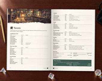 May include: An open tabletop roleplaying game book featuring a tavern menu with sections for lodging, meals, food, and drinks. The page includes an illustration of a tavern interior, a gold pen, and three translucent polyhedral dice.